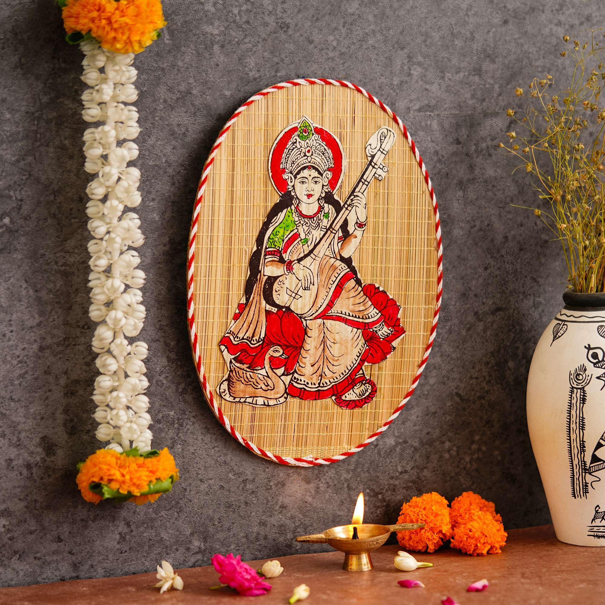 Oval Shaped Design Bamboo Hand Crafted Wall Hangings Of Godess Sarwasti Ji For Home Decor - Image 2